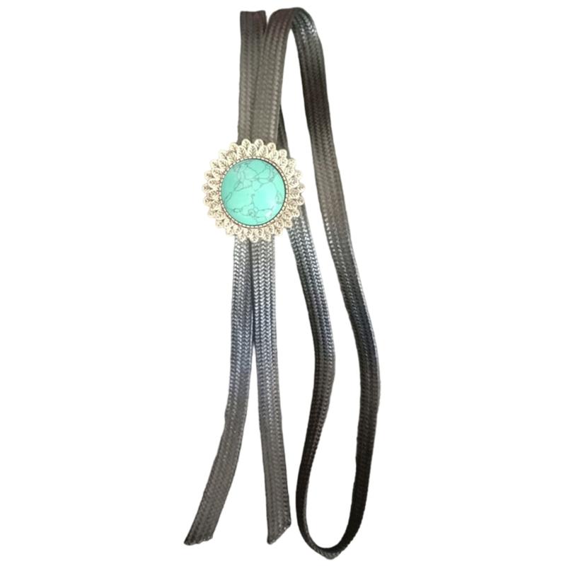 Engraving Flower Stone Bolo Tie Carved Necktie for Shirt Jeans Western Necklace Braided Shoestring Necktie Bolo Tie