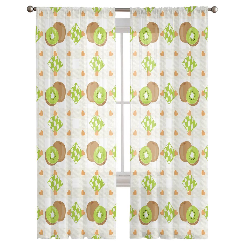 Ovocné kiwi kostkované průhledné závěsy do obývacího pokoje, dětského pokoje, závěsy na ošetření oken tylu