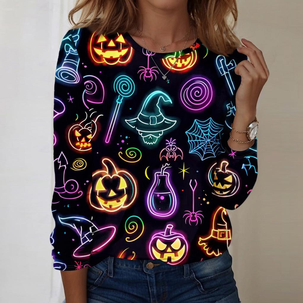 Damen Halloween bedrucktes rundhalsiges lockeres langärmeliges Oberteil