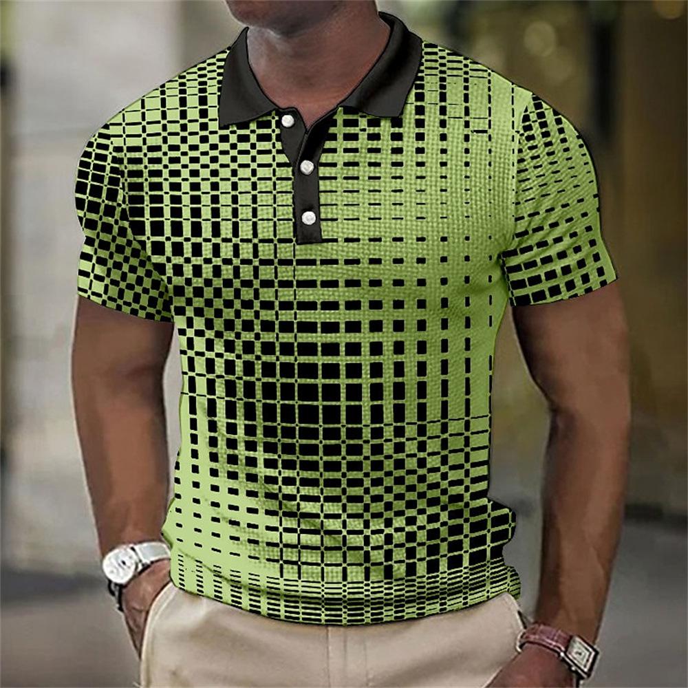 Men's 3D Plaid Print Casual Loose Short Sleeve Polo Shirt