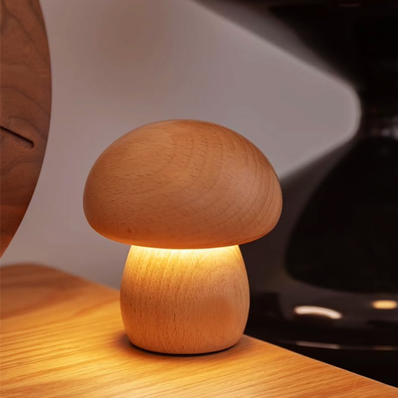 INS Wooden Creative Mushroom Night Light Stepless Dimming Bedside Table Lamp 3 Color Rechargeable Sleeping Nightlights For Room