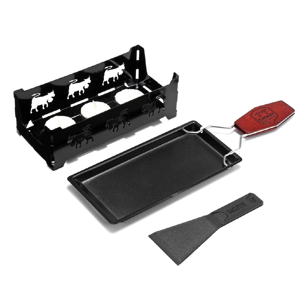 Kitchen Iron Metal Non-stick Cheese Raclette Grill Plate With Solid Wood Handle Rectangular Bakeware Appliance Black