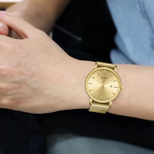 BUREI Men's Watch, Simple, Waterproof, Analog, Popular, Stylish Milanese Design with Mesh Strap and Gold Strap