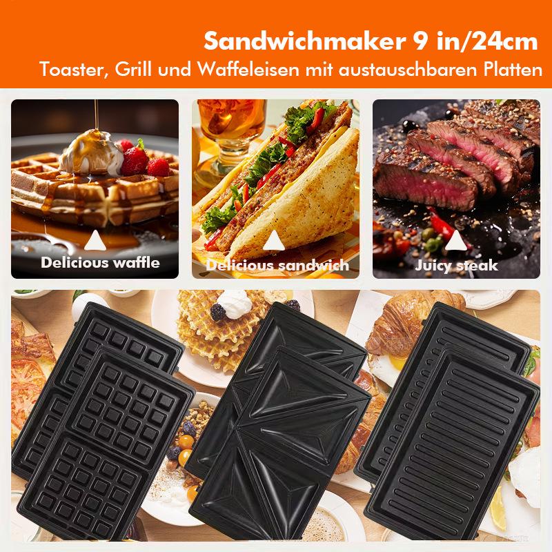 3-in-1 Non-stick Sandwich, Waffle, and Grill Maker with Detachable Plates