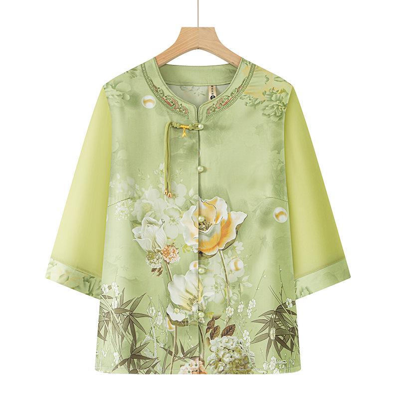 

Retro Chiffon Blouse for Middle-Aged Women, 2026 Summer Style, Seven-Quarter Sleeves, Printed Top XL 90-108 jin зелёный