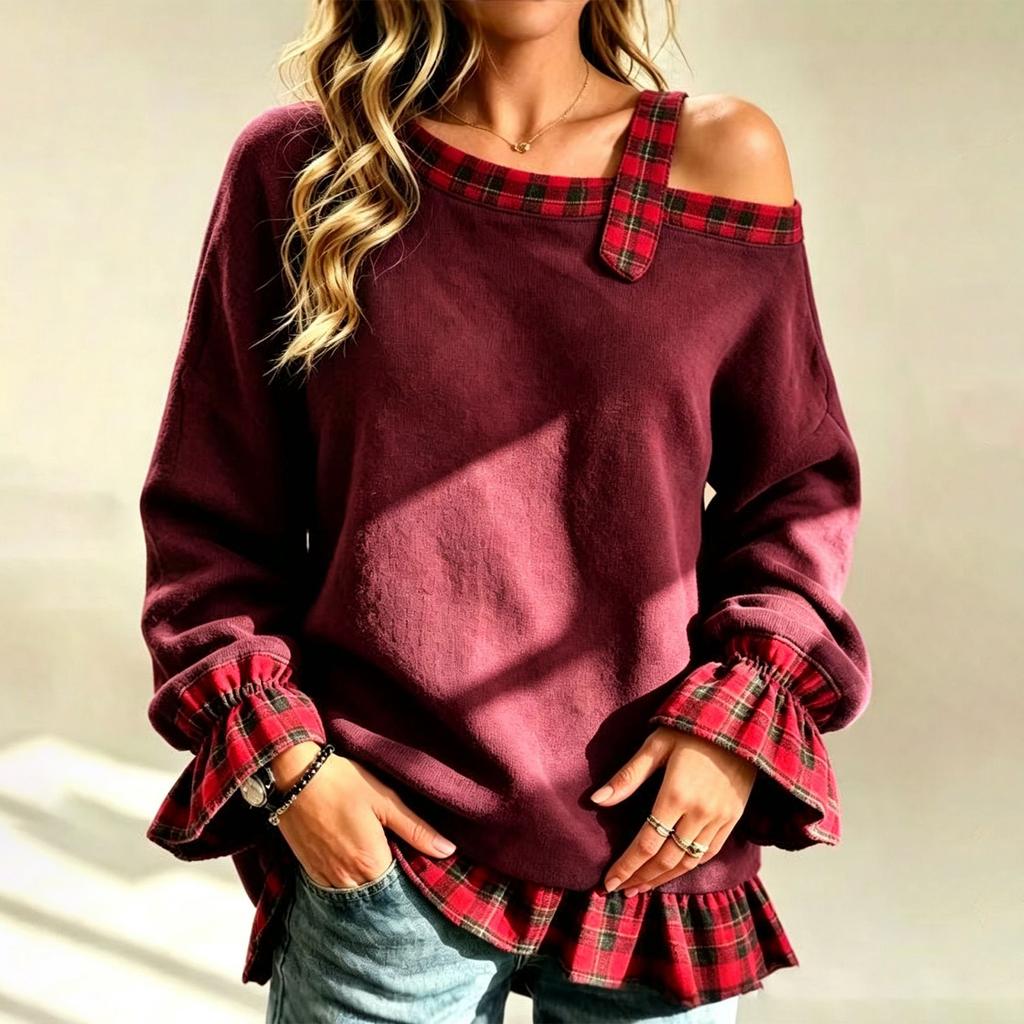 Women's One-Shoulder Plaid Patchwork Cuff and Hem Loose Fit Two-Piece Top