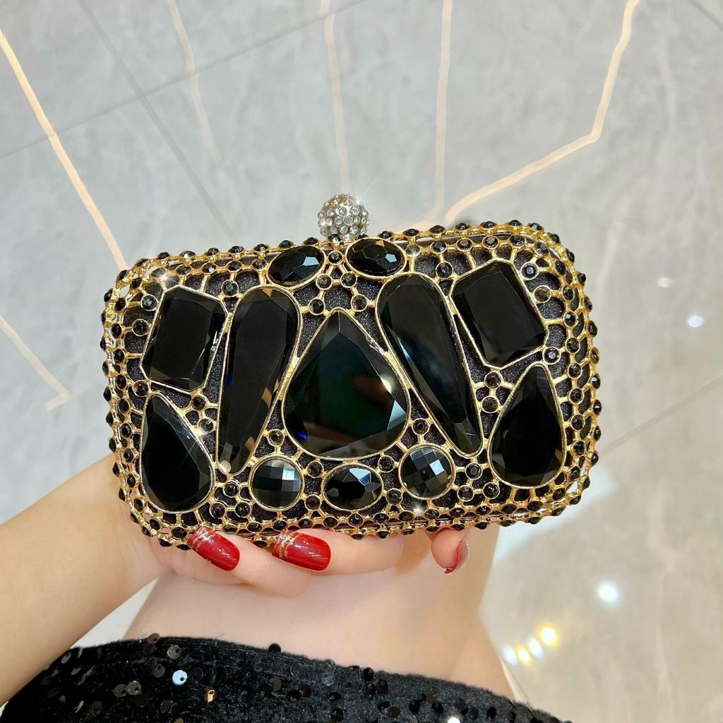 Borsa a Mano - Raffinata Borsa da Sera con Intarsi di Diamanti, Borsa a Mano con Catena, Borsa da Donna