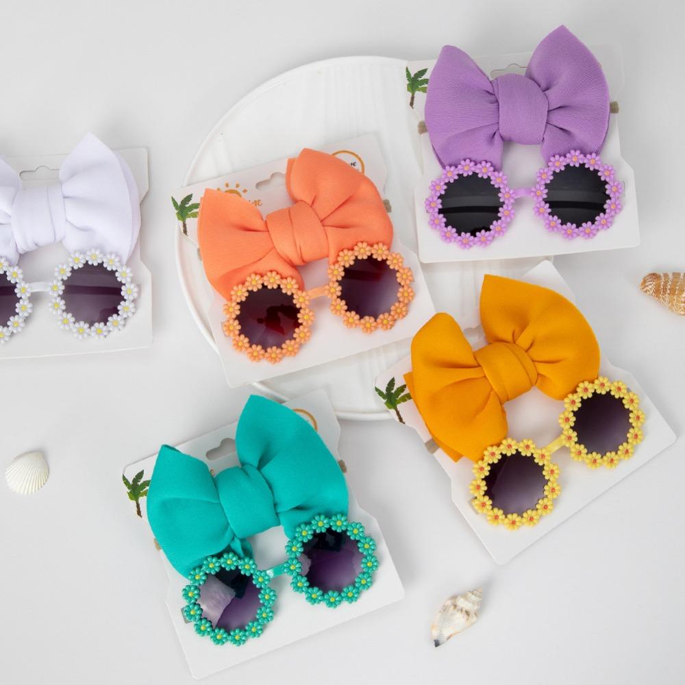 2Pcs Kids Sunglasses Headband Set Baby Unglasses Elastic Nylon Headband Bohemia Beach Seaside Sun Glasses Kids Bow Headwear