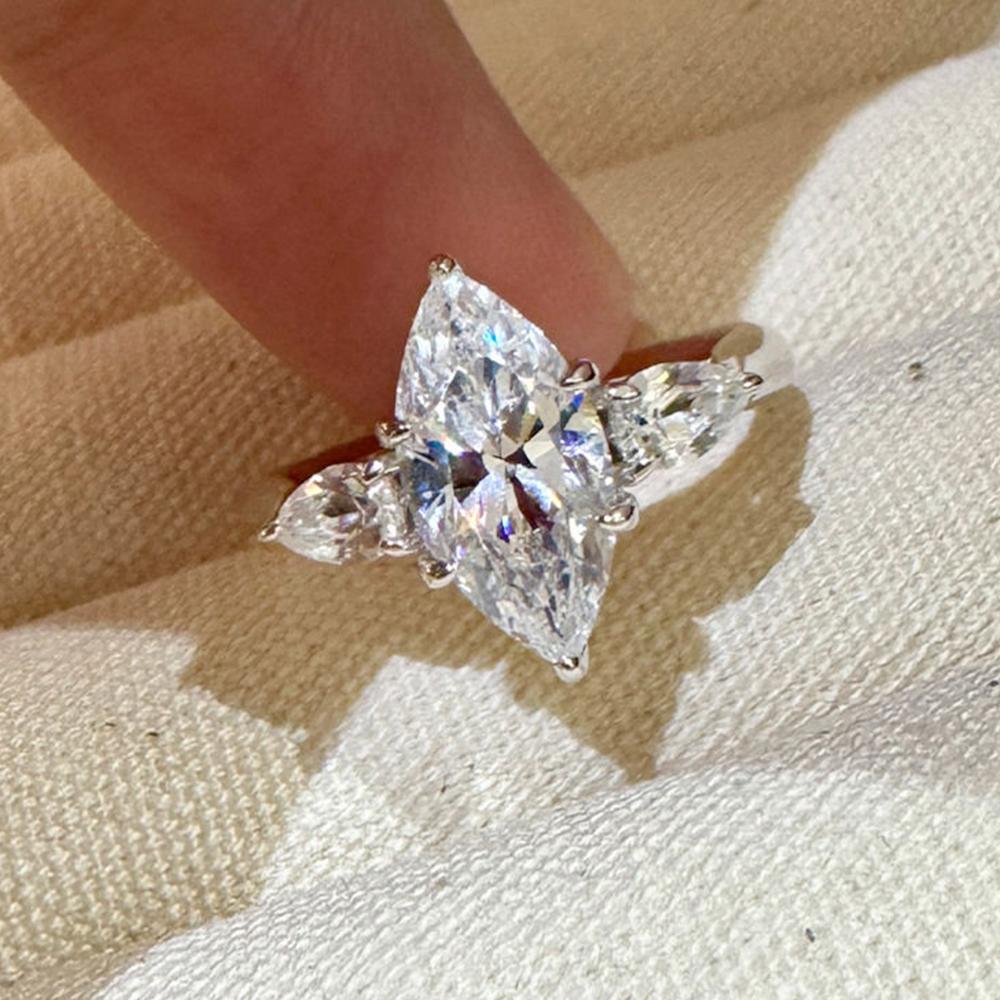 6x12mm Marquise Cut Zircon Rings for Women 100%   CopperSparkling 3 Stones Zirconia Ring Wedding Bands Jewelry Gift