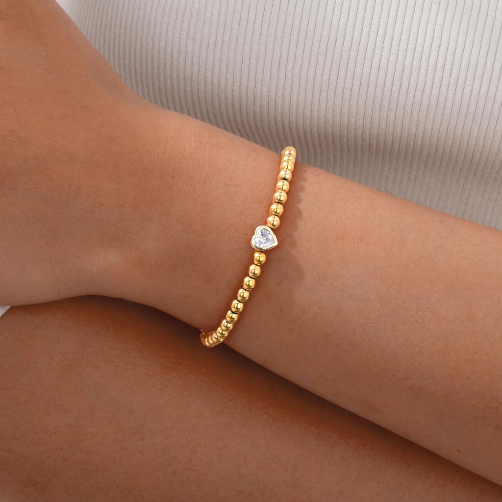 Zirconia Heart Bracelet for Women, Beaded Strand Link Bangle Gold Plated, Stainless Steel Adjustable Bracelets