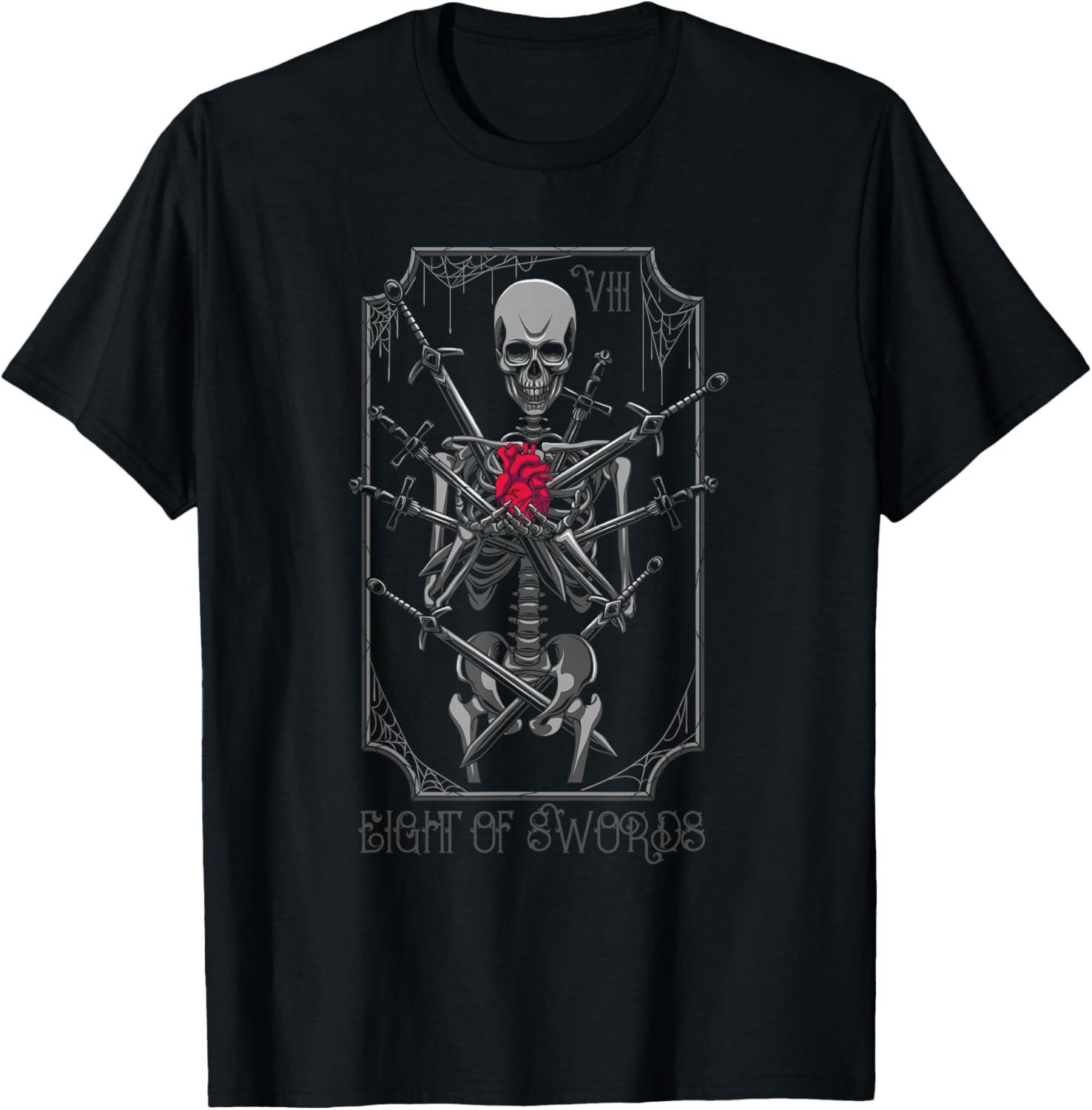 

Eight of Swords Skeleton Heart Tarot Card Graphic T-Shirt Men Casual Cotton Short Sleeve Tee 4XL