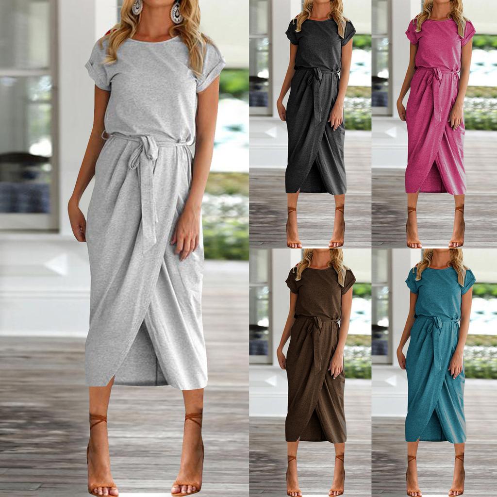 Damen Sommerkleid Rundhals ärmellos A-Linie Kleid Saum Gürtel Swing Strandkleider