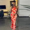 European and American Style Fashionable Women's Printed Sexy Sleeveless Hanging Neck Three-dimensional Flower Decoration Hip Hugging Dress
