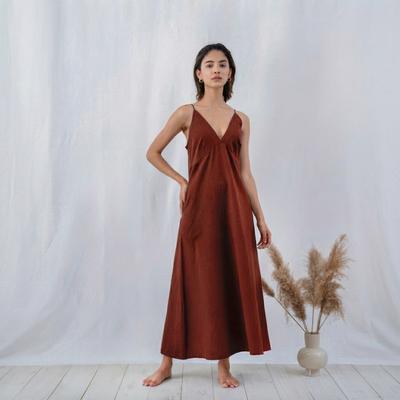 Casual Long Linen Dress Women Sleeveless V-neck Full Length Slip Dress with Pockets