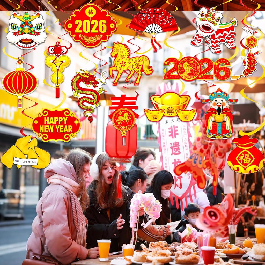 Happy Chinese New Year Hanging Swirls The Year of Horse Decorations 20PCS Lunar New Year Hanging Streamers Spring Festival Lion Dance Zodiac Horse