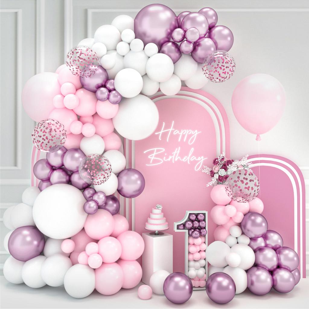 Rosa Vit Ballonggirlang Båge Kit Bröllop Födelsedag Fest Dekoration Barn Flicka Baby Shower Festtillbehör Konfetti Latexballong