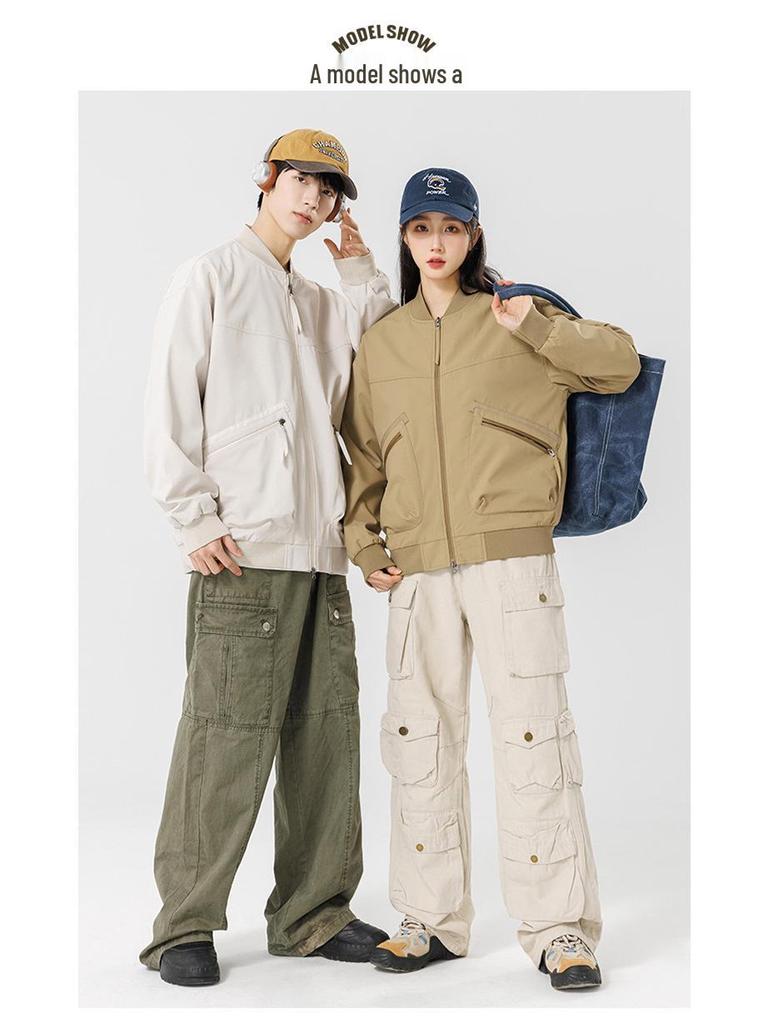 2025 Japanese Trendy Men's Retro Loose Stand Collar Bomber Jacket - Spring Casual Drop Shoulder Workwear Style.
