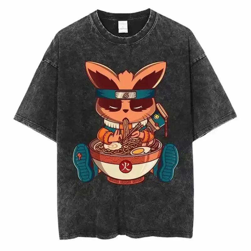 Baumwolle Herren Vintage Japan Anime Print Oversize T-Shirt Streetwear Harajuku Sommer Schwarz Kurzarmhemd Locker Baumwolle Oberteile T-Shirts