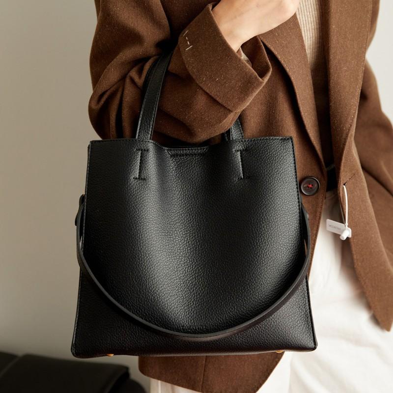 Large Capacity Tote Bag Womens Minimalist Bucket Style Shoulder Handbag In PU Soft Leather Coffee Brown Gray Black