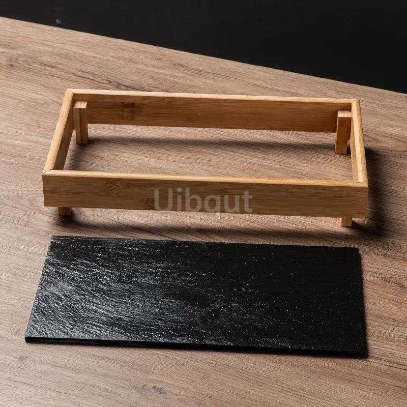 Black Rock Dining Lava Steak Stones Plate Japanese Style Personalized Creative Bamboo Wood Barbecue Stone Plate Tableware Plate