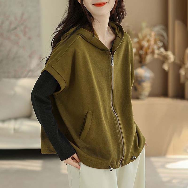 Coat for Women Cotton Autumn Casual Oversize Hooded Short-sleeve Jacket