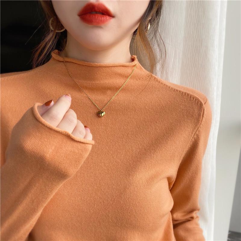 Høst Tynn Underdel Ensfarget Basis Pullover Genser for Kvinner Vinter Langermet Halvhøy Hals Strikkede Gensere Damer Elegant Casual Strikkeplagg 24843