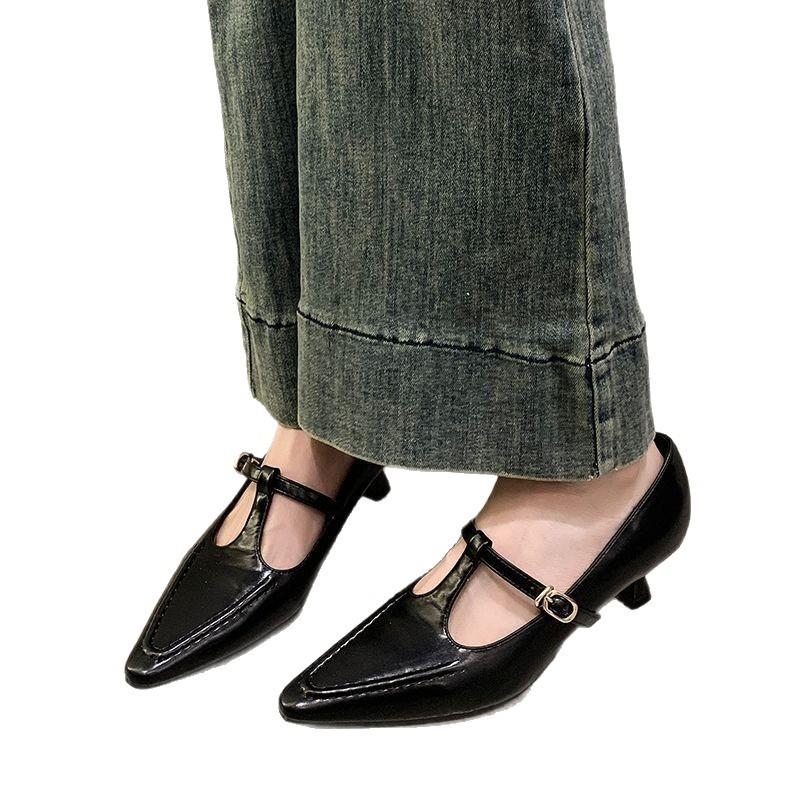 2025 spring new thin heel light mouth Mary Jane high heels pointed solid color one pedal French pointed low heels