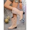 Women's Autumn-Winter Chunky-Heel V-Cut Slimming High-Leg Boots, Embroidered Retro Western Cowboy Style, Not Over-The-Knee.