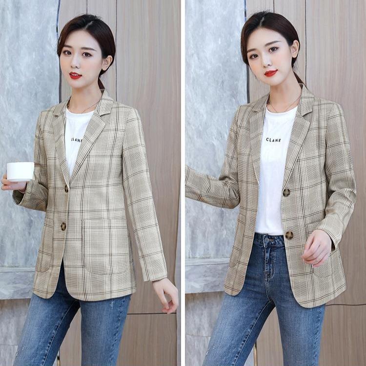 Plaid Blazer Female British Casual  Suit Spring  Office Lady Single Button Blazer  Fashion Women's Suit Lattice Jacket