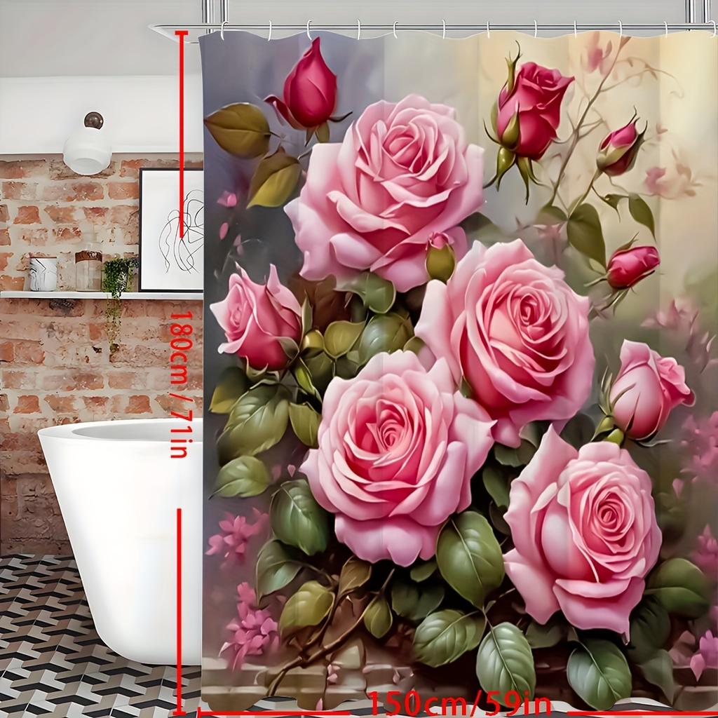 Romantic Rose Garden Shower Curtain for a Luxurious and Inviting Bathroom, Featuring Lush Pink Roses In Full Bloom with Vibrant