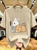 Unisex O Neck Tee Rabbit And Sleeping Cat Cartoon Art Print Cotton Short Sleeve Loose Summer Breathable Daily Casual Basic Wear Top