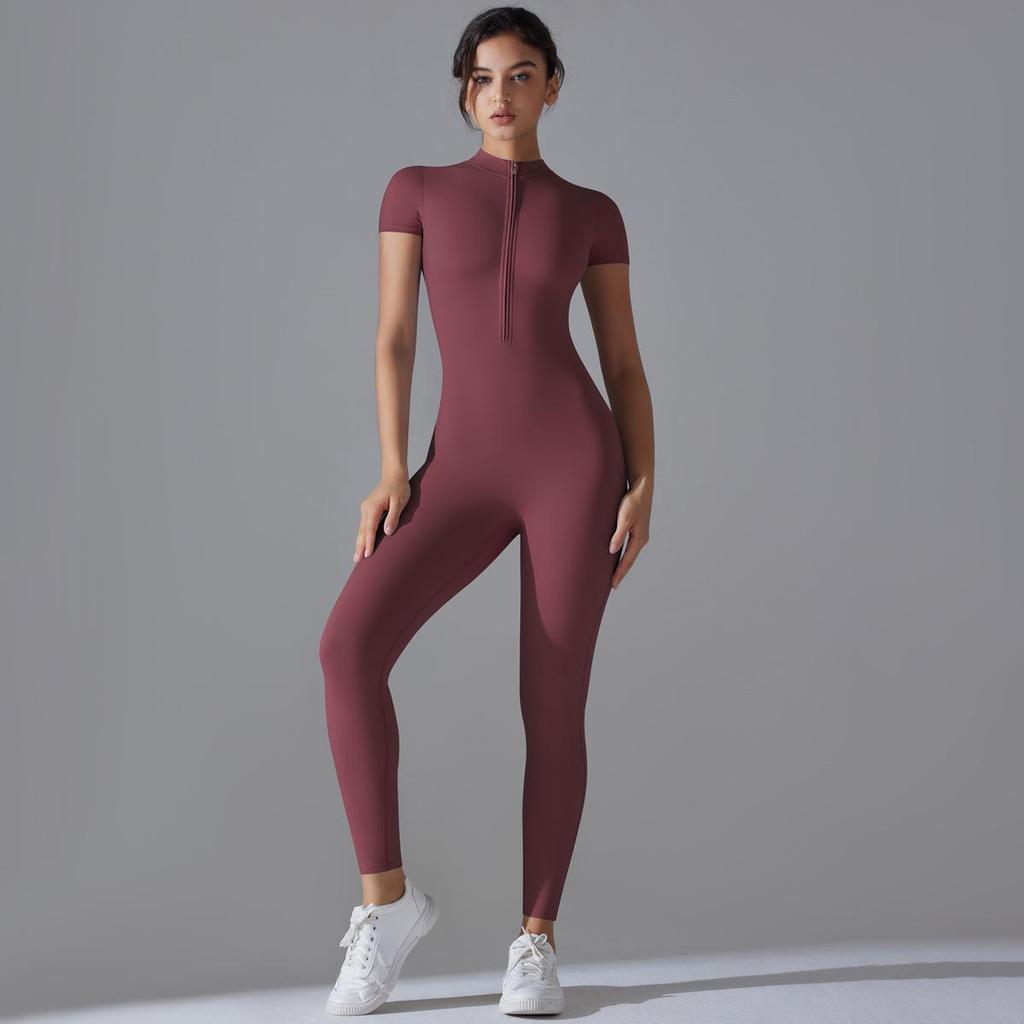 European-American Open-Neck Zipper Jumpsuit: Sexy, Tight-Fitting Short-Sleeve Dance & Yoga Bodysuit for Women