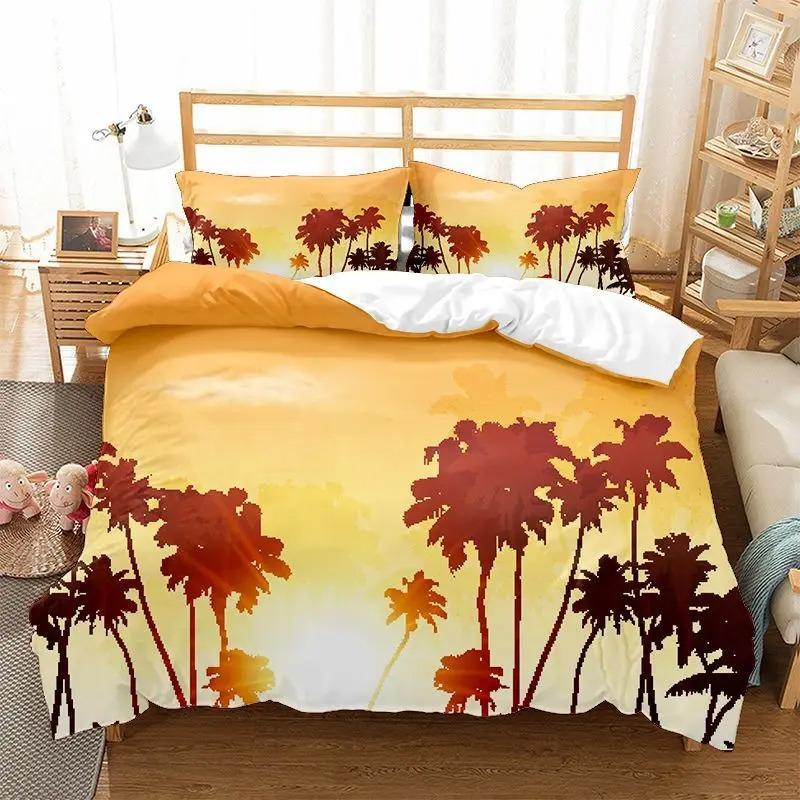 Beach Duvet Cover Twin King Size Microfiber Coconut Palm Trees Bedding Set Sunset Tropical Sandy Beach Landscape Comforter Cover