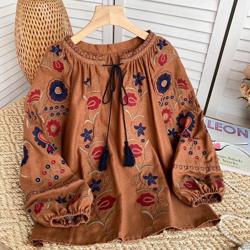 

Sweet Retro Lantern Sleeve Loose Shirt Women s Exquisite Flowers Embroider Tops Travel and Vacation Wear Long Sleeves Shirt Brown One size