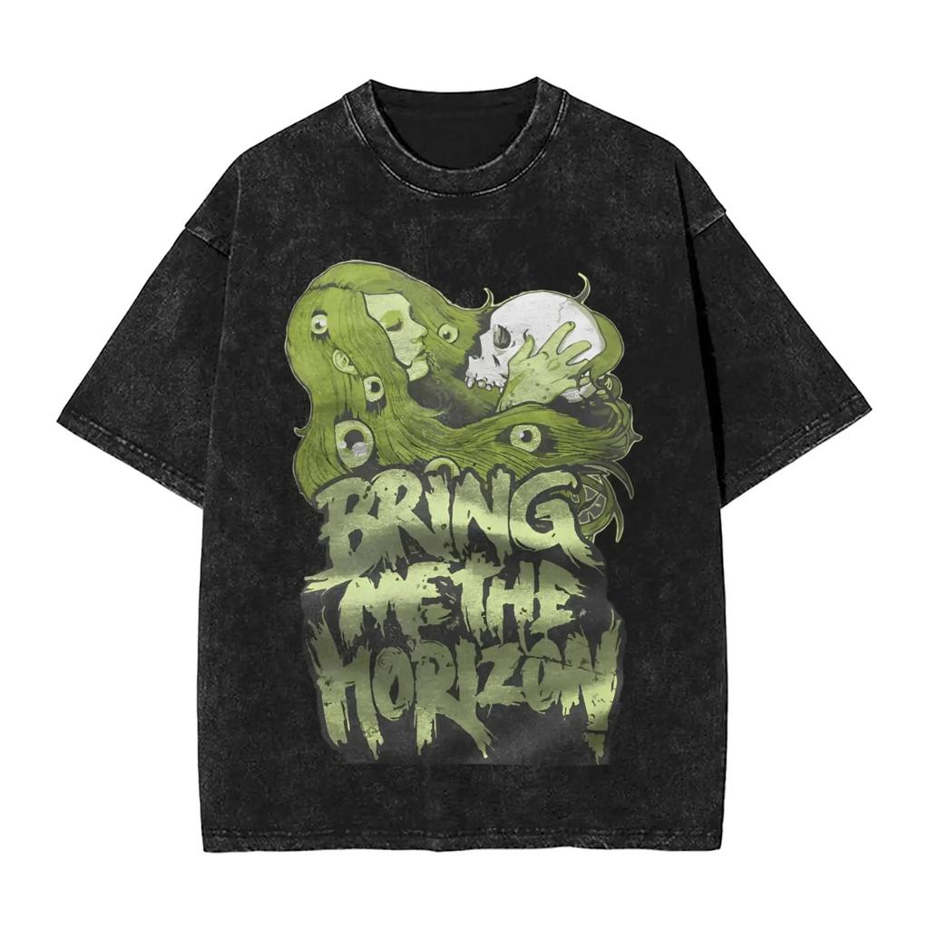 Camisetas de ROCK Band Bring Me The Horizon para Fans BMTH Lavadas Vintage Tops Novedad Camiseta de Verano Británica Algodón Holgado Vintage