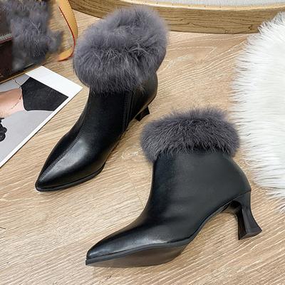 Talons Hauts Fourrure Bottines Chelsea Pointues Sexy Chaussures Femme Peluche Courte Chaud Bottines Cheville Cuir Bottes de Neige Bottines à Plateforme Femme