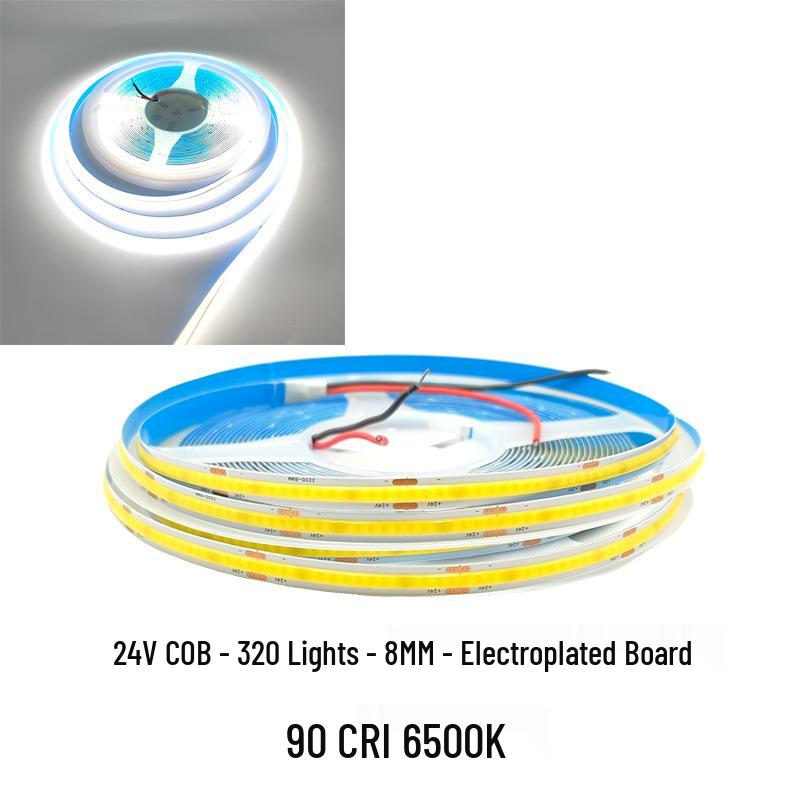 COB LED Strip Light 12V/24V, 320/480 LEDs, 8MM, 90 CRI, Self-Adhesive, Aluminum Channel.