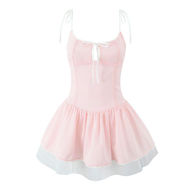 Faitpar Romantic Girl Sweet Style Honey Pink Color Stripes Mesh Cinched Figure Flattering Puffy Dress Sling Dress