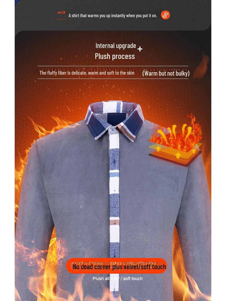 Men's Long Sleeve Cotton Plaid Shirt with Velvet Lining