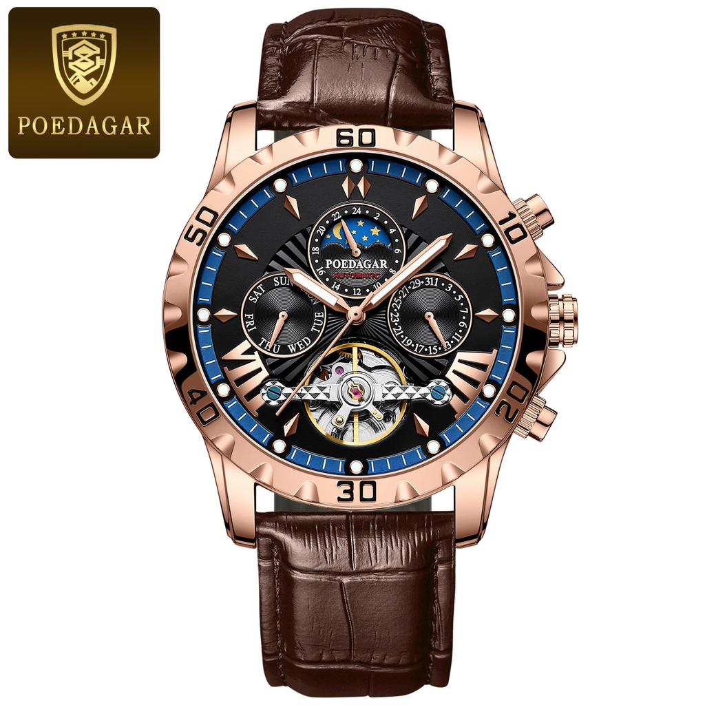 Tourbillon Automatic Mechanical Wristwatch Waterproof Luminous Date Week Leather Men Watch Luxury Fashion Men's Watches