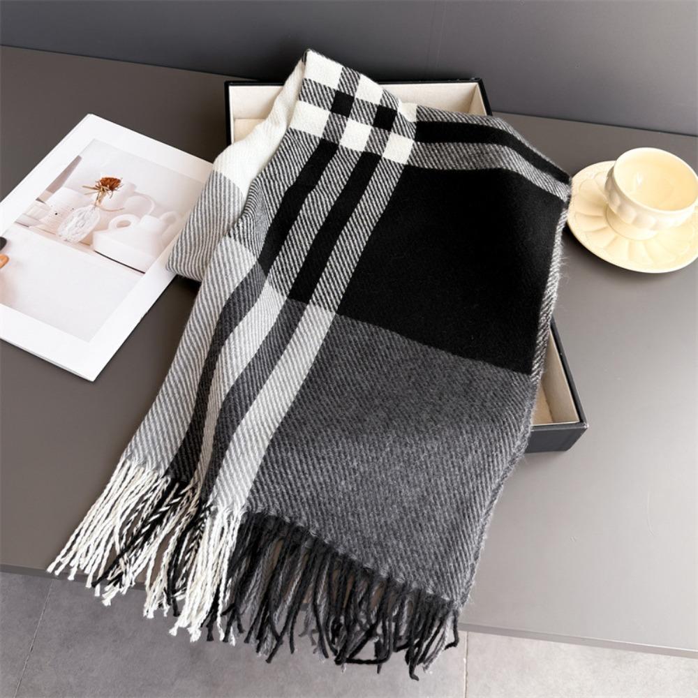 Long Length Checkered Scarf Tassel Wool Texture Scarf Fashionable Warm Scarf Women