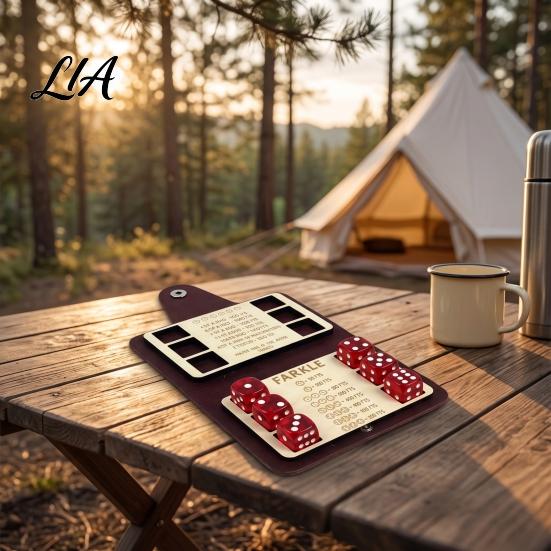 Retro Dice Game Farkle Board Game, with Faux Leather Case, 6 Dices, Wooden Tabletop Scoreboard, Portable for Travel Family Party Night Set