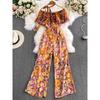 Women's Floral Loose Pants Jumpsuit Summer High Waist Waist-Tight Slimming Flounce off-Shoulder Jumpsuit Short Sleeve