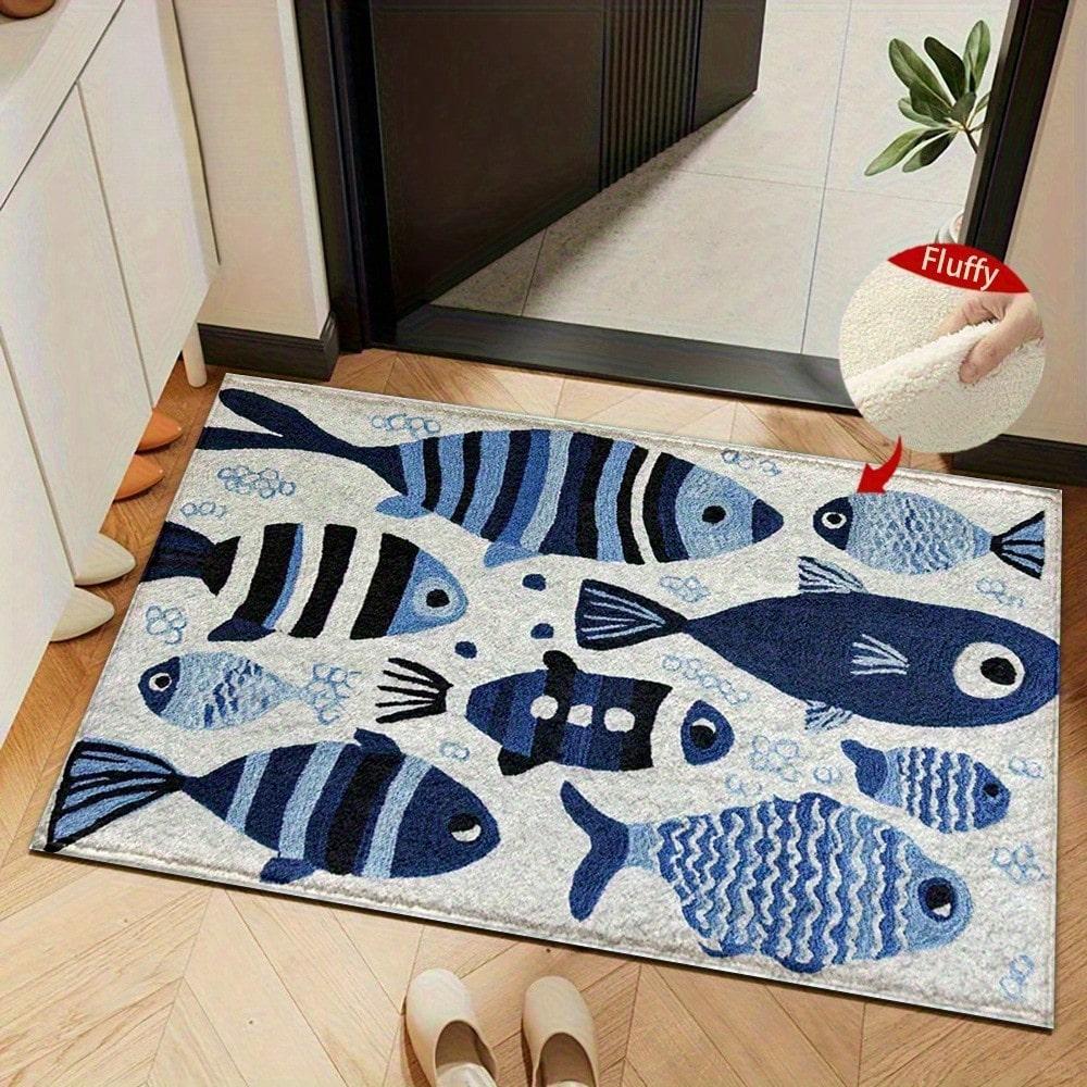 1pc Blue Striped Fish Pattern Bath Mat- Non-Slip, Plush, Washable, Perfect For Bathroom, Kitchen, Etc., Perfect Gift, Bathroom Decoration, Flannel Pod