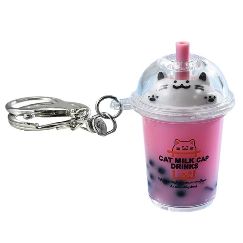 Přívěsek kočka Bubble Tea Kreslený Mléčný Čaj Přívěsky Klíčenky Módní akrylové kroužky na klíče Šperky na batohy a telefon