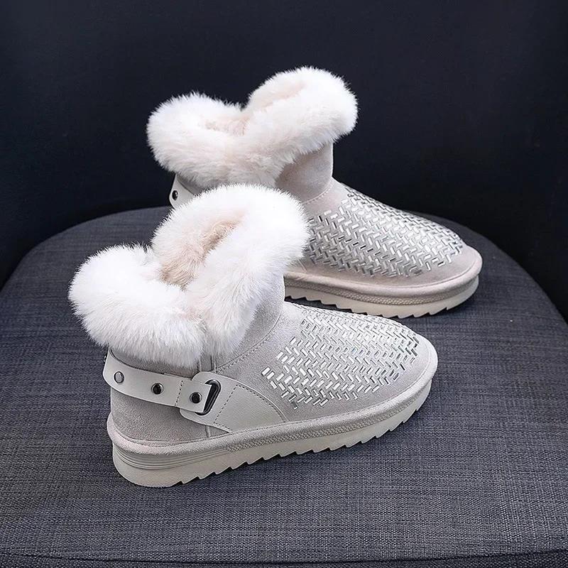 Fashion Rhinestone Women's Booties Snow Boots Elegant With Medium Heels High Quality Ankle Shoes for Woman Spring 2024 Protective Plush