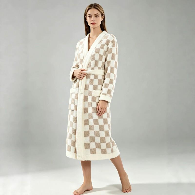 Thick Plaid Fleece Robe Women Long Sleeve V-Neck Hooded Sleepwear Cozy Home Lounge Wear Winter Fall