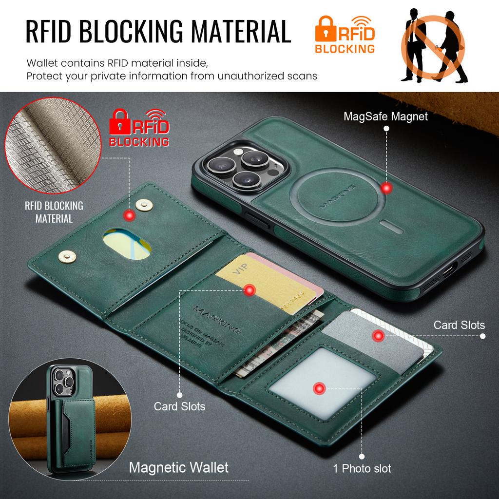MAGKING K2 Series For iPhone 15 Pro Case Compatible with MagSafe PC+TPU+PU Leather RFID Blocking Phone Cover with Wallet