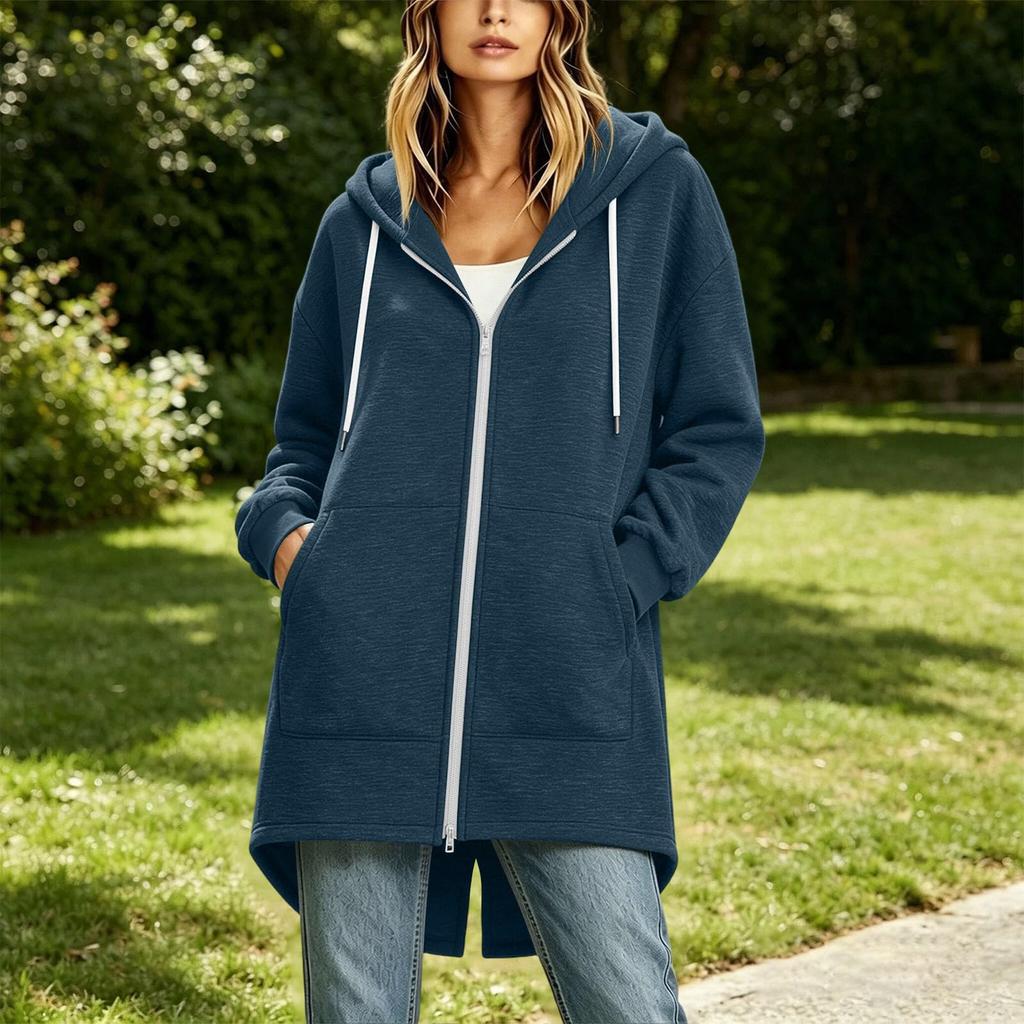 Women's Long Zip Up Hoodie Jacket Loose Fit Casual Outerwear with Pockets Lightweight Hooded Coat for Everyday Wear