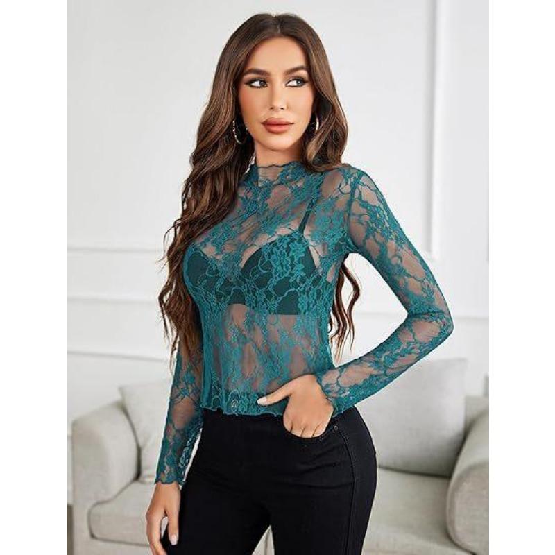 New Lace See Through Sexy Mesh Women Blouse Long Sleeve Tops Transparent Floral Shirt Thin Perspective Lace Shirts Spring Summer Sweet Elegant Blouse